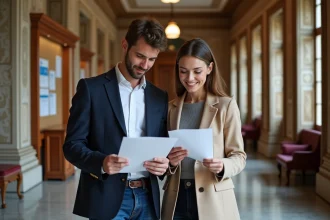 Jeune couple dans une mairie lors de leur mariage