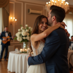 Jeune couple d mariage souriant lors d une reception avec musicien