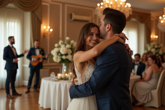 Jeune couple d mariage souriant lors d une reception avec musicien