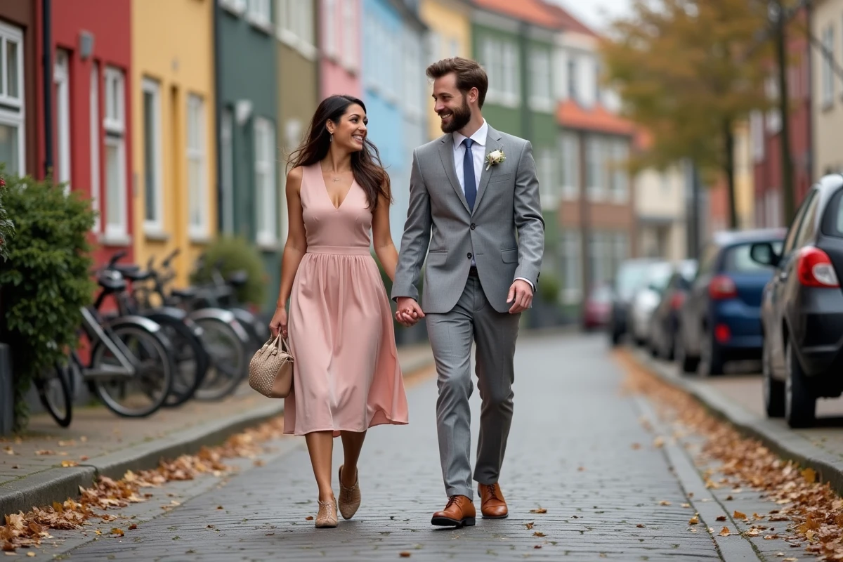 Couple marié se promenant main dans la main dans une rue de Copenhague après leur cérémonie civile au Danemark