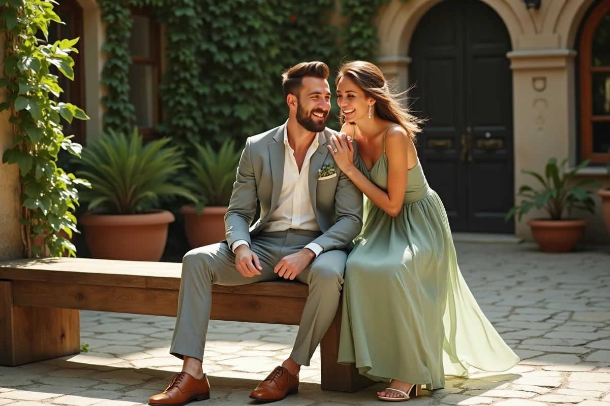 Couple marié civil assorti en costume gris clair et robe sage green, moment candide dans une cour pavée