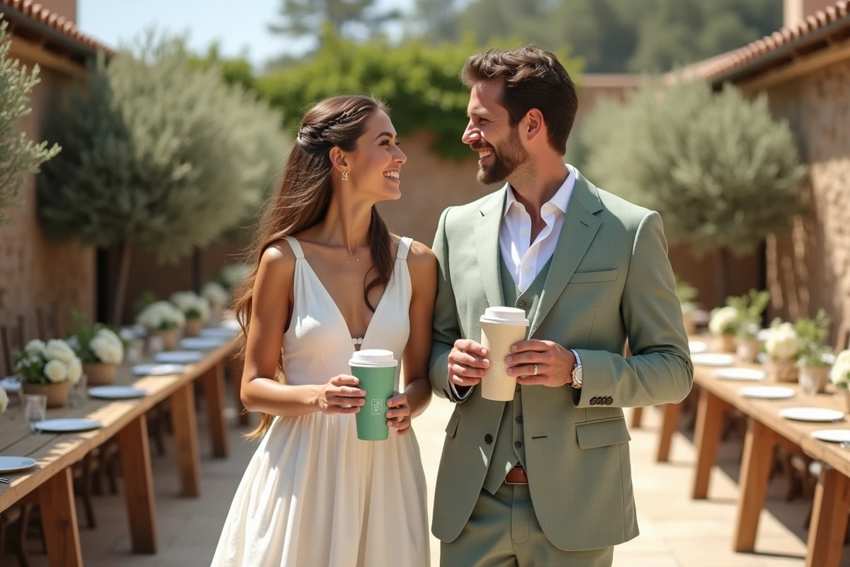 Couple de mariés tenant des eco cups personnalisés lors d'une réception de mariage laïque en plein air dans une cour de ferme