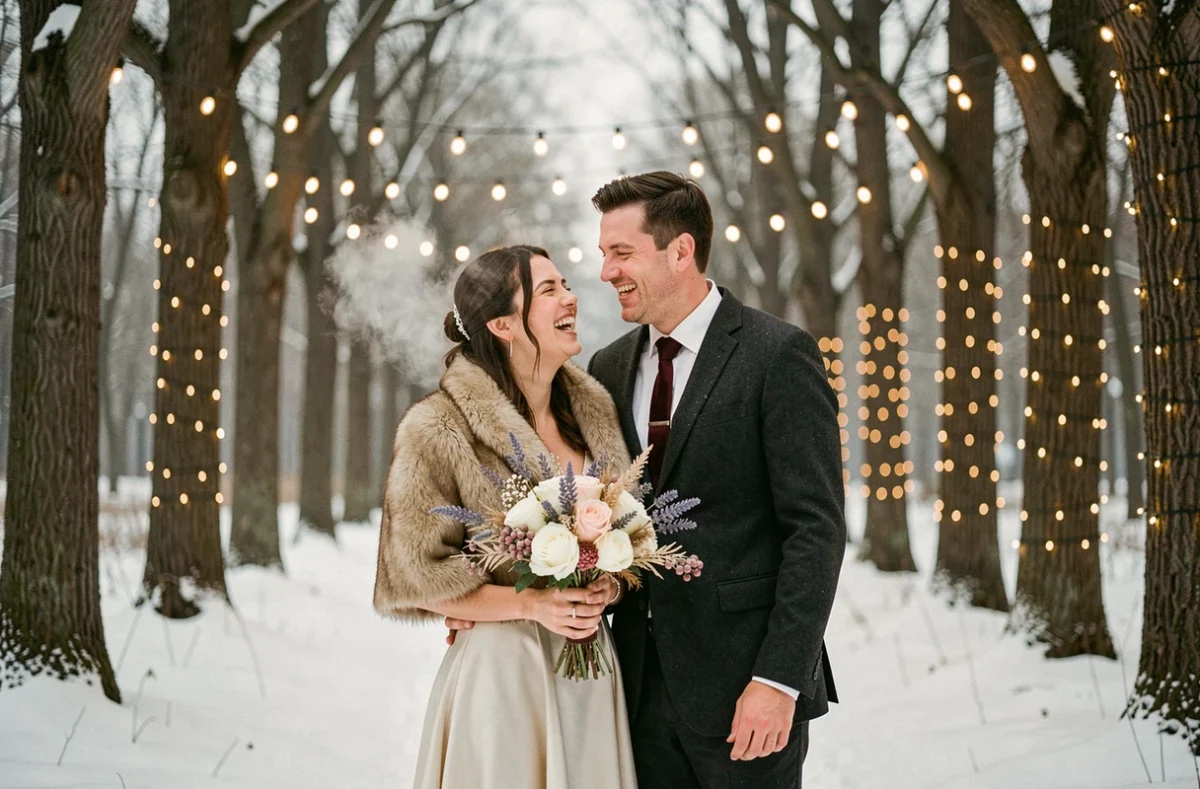 Couple de mariés dans une forêt enneigée décorée de guirlandes lumineuses pour un mariage hivernal féerique