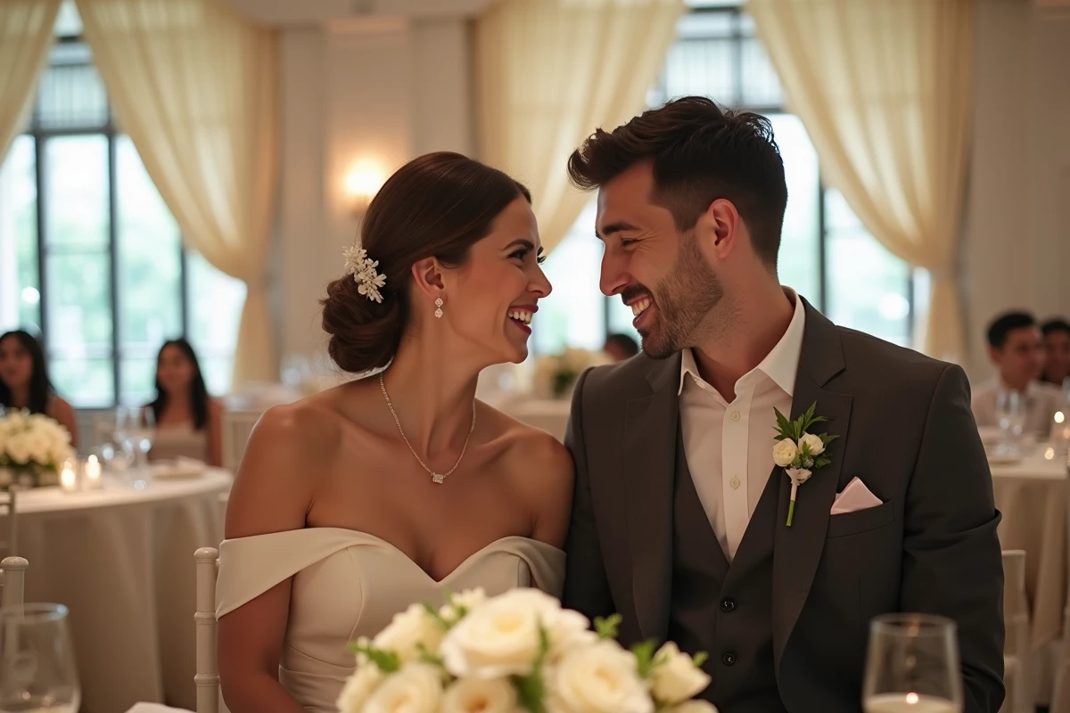 Couple de mariés riant ensemble lors de la réception, illustrant la qualité d'un reportage photo de mariage haut de gamme