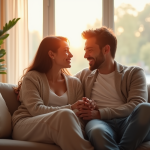 Couple marié assis sur un canapé lumineux et chaleureux