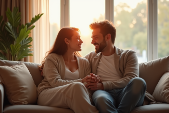 Couple marié assis sur un canapé lumineux et chaleureux