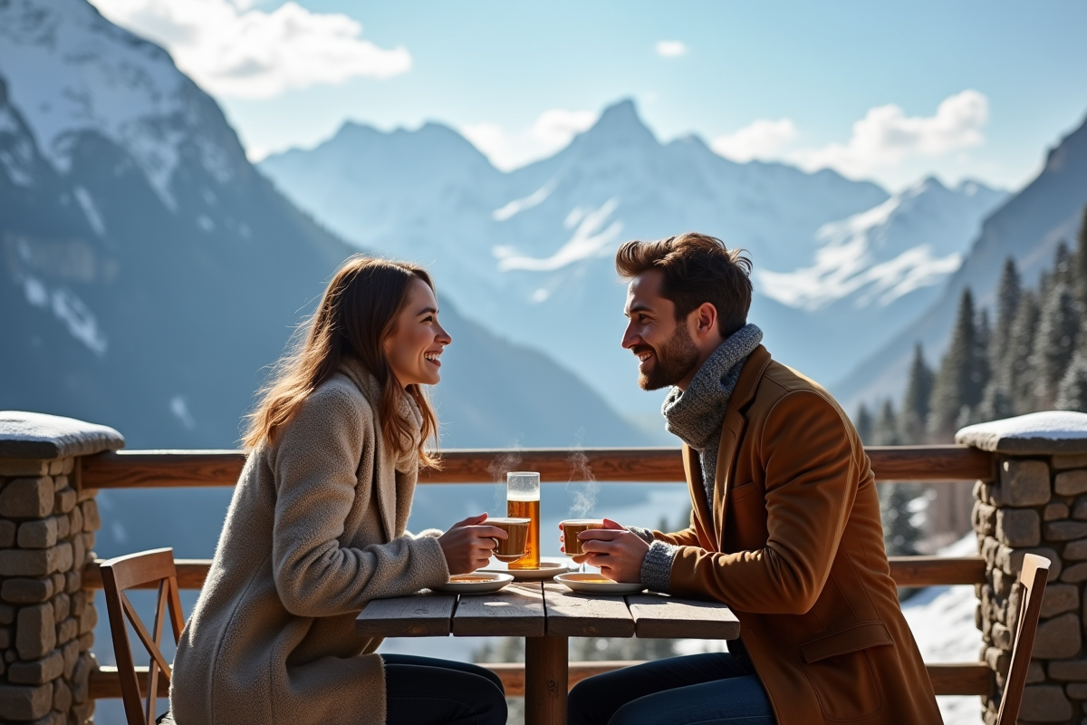 Jeune couple au petit déjeuner avec vue sur montagnes enneigees