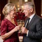 Couple fêtant leurs 35 ans de mariage avec des noces de rubis autour d'une table décorée de roses rouges et de bougies rubis