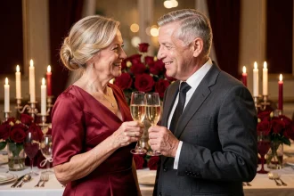 Couple fêtant leurs 35 ans de mariage avec des noces de rubis autour d'une table décorée de roses rouges et de bougies rubis
