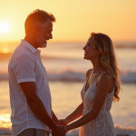 Couple souriant sur la plage au coucher de soleil