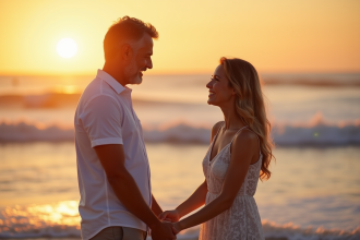 Couple souriant sur la plage au coucher de soleil