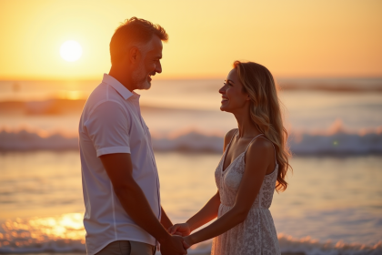 Couple souriant sur la plage au coucher de soleil