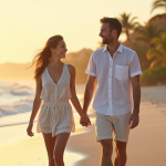 Jeune couple marche sur une plage tropicale au lever du soleil