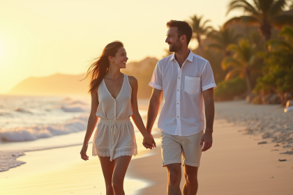 Jeune couple marche sur une plage tropicale au lever du soleil
