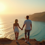 Couple heureux main dans la main sur une falaise ensoleillée