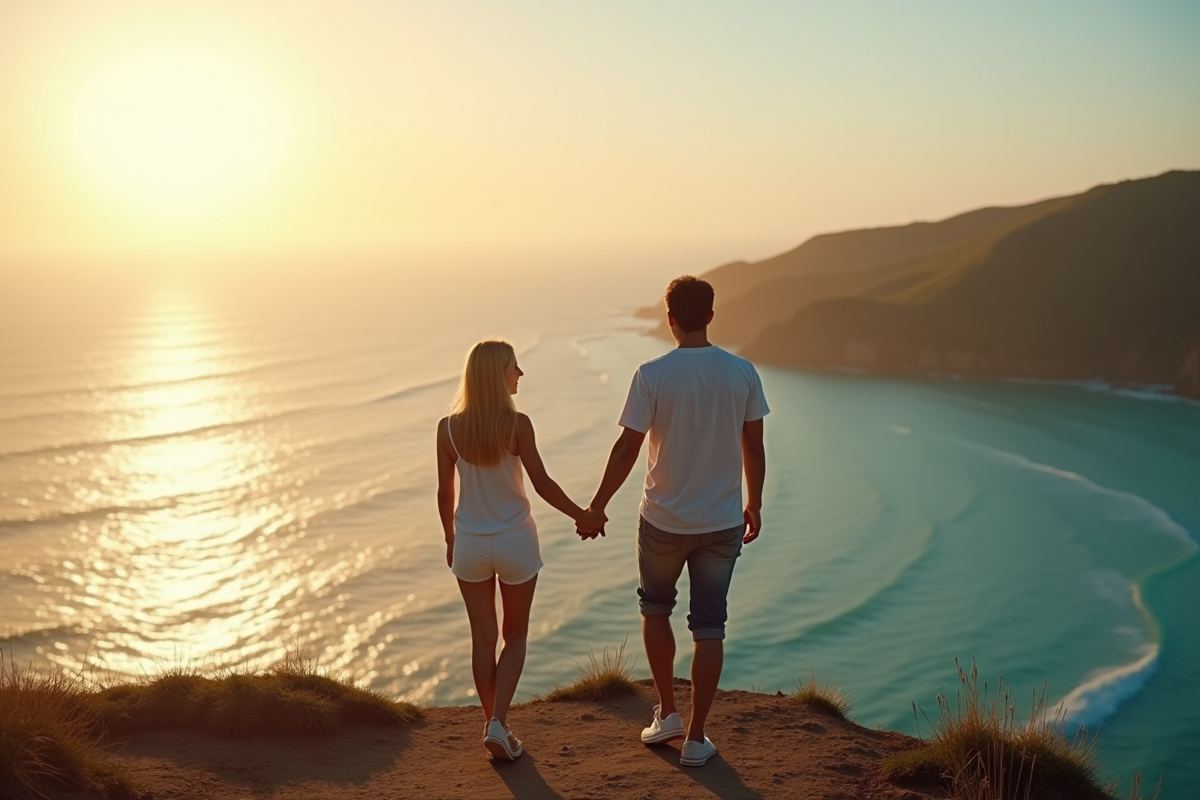 Couple heureux main dans la main sur une falaise ensoleillée