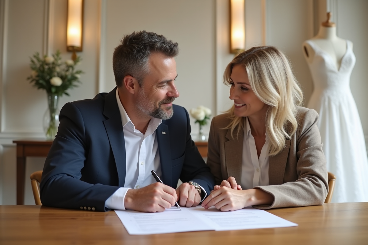 Couple assis à une table en train de signer un contrat de mariage