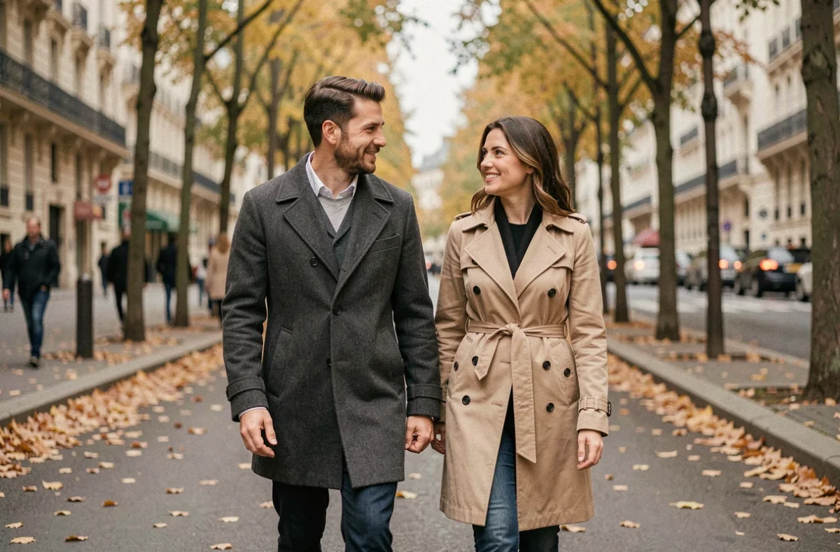 Un couple élégant marchant sur un boulevard parisien en automne, vêtements chics et atmosphère intime et naturelle