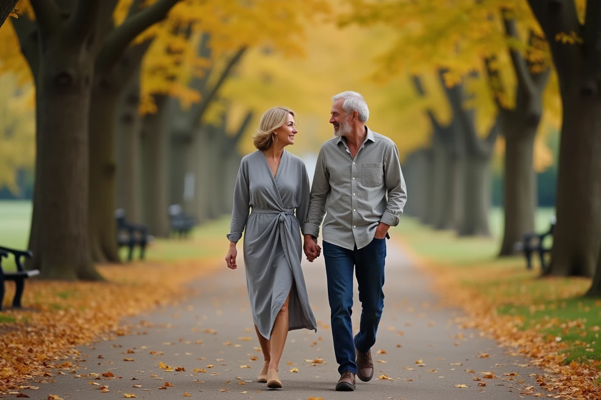 Couple se promenant dans un parc en automne symbolisant la protection de la vie conjugale et la discrétion