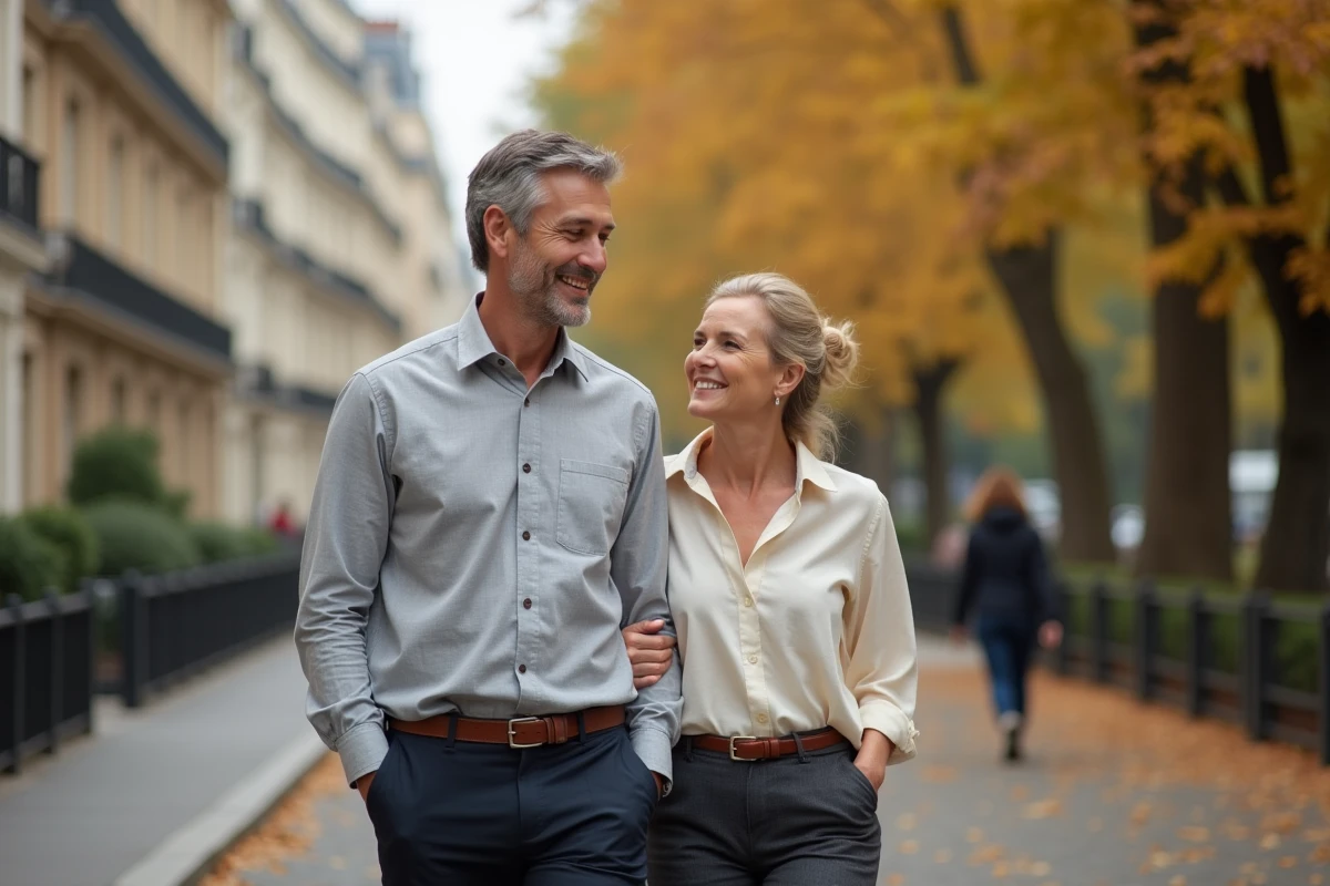 Couple discret se promenant sur un boulevard parisien en automne, évoquant une complicité intime et une vie privée préservée