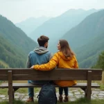 Jeune couple assis sur un banc avec vue sur la vallée