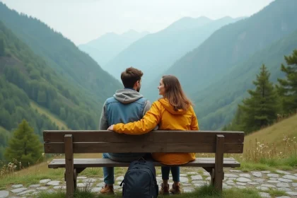 Jeune couple assis sur un banc avec vue sur la vallée