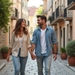 Jeune couple marchant main dans la main dans un village européen