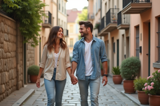 Jeune couple marchant main dans la main dans un village européen