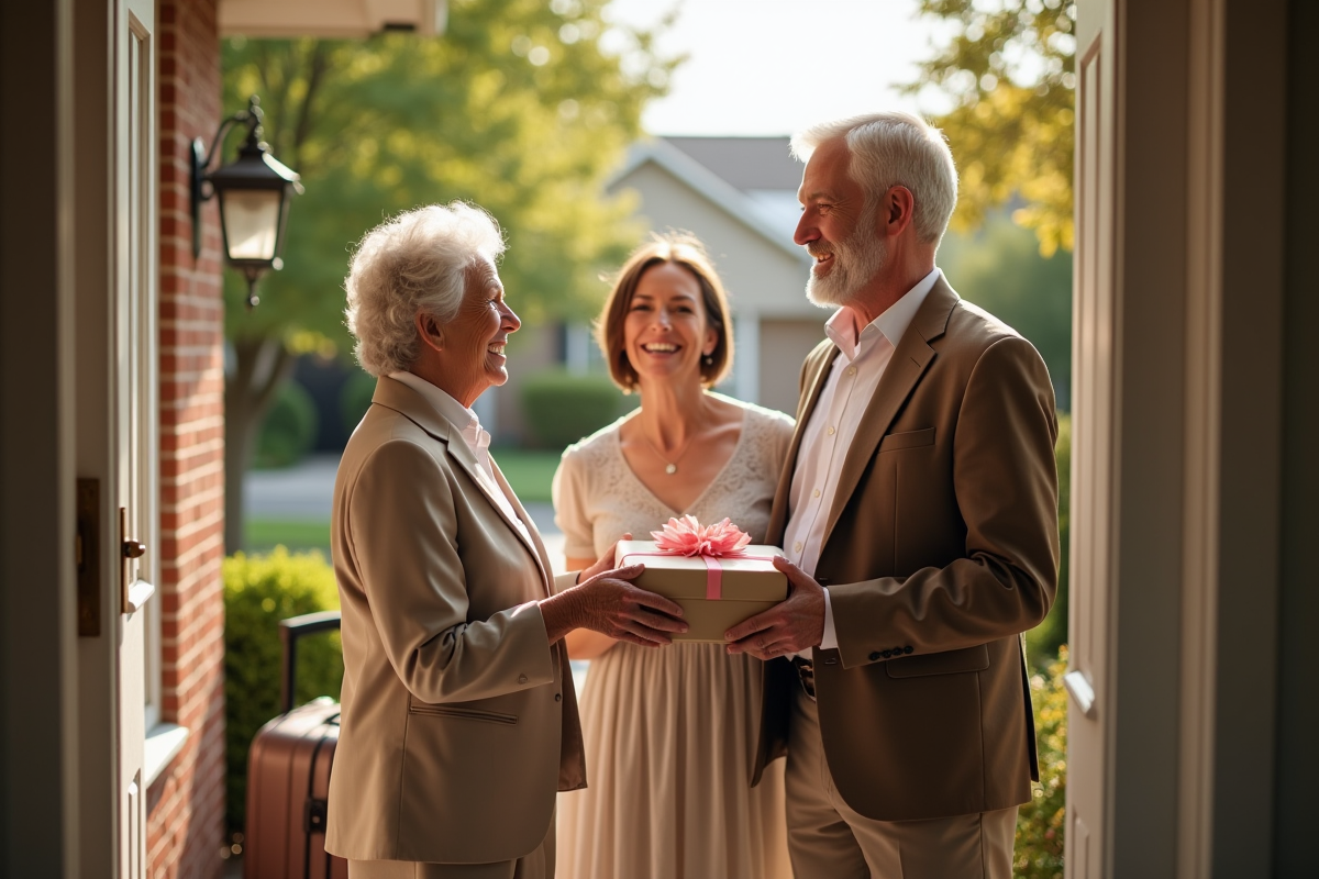 Couple âgé accueillant des jeunes mariés devant leur maison ensoleillée