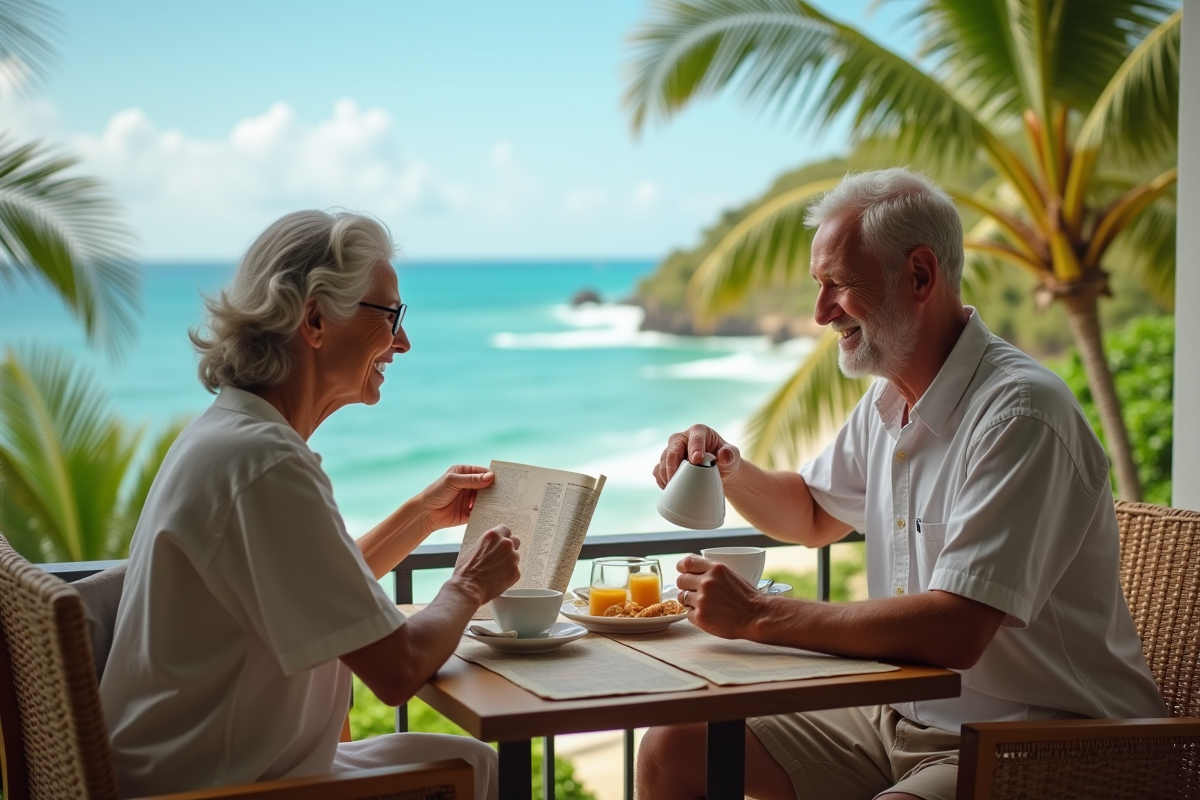 Couple âgé partageant petit déjeuner sur balcon tropical
