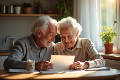 Couple senior lisant une lettre à la lumière naturelle