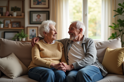 Couple senior assis sur un canapé lumineux et chaleureux