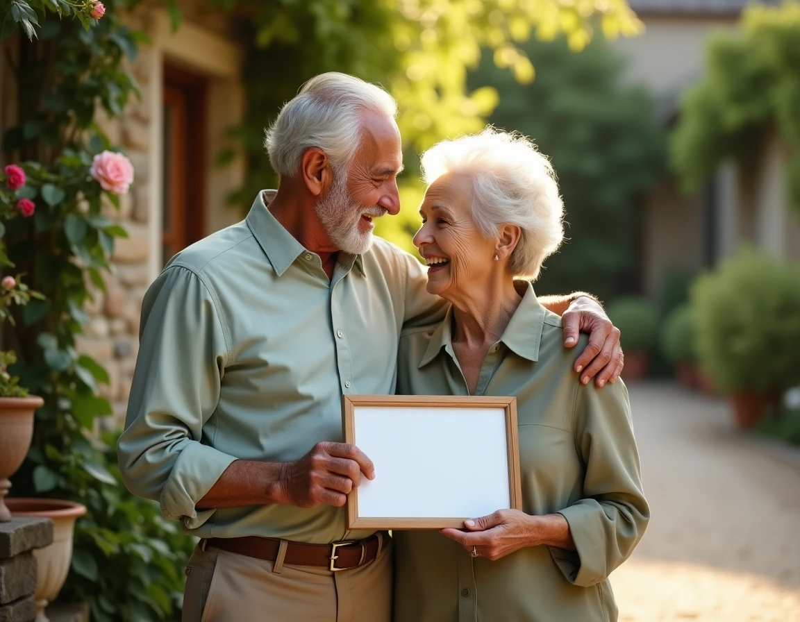 Couple de seniors tenant un certificat de noces d'or dans un jardin provençal en fleurs