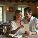 Couple élégant fêtant leur anniversaire de mariage autour d'un tableau des noces avec des décorations en argent