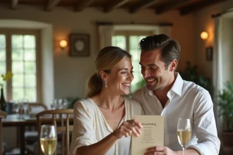 Couple élégant fêtant leur anniversaire de mariage autour d'un tableau des noces avec des décorations en argent