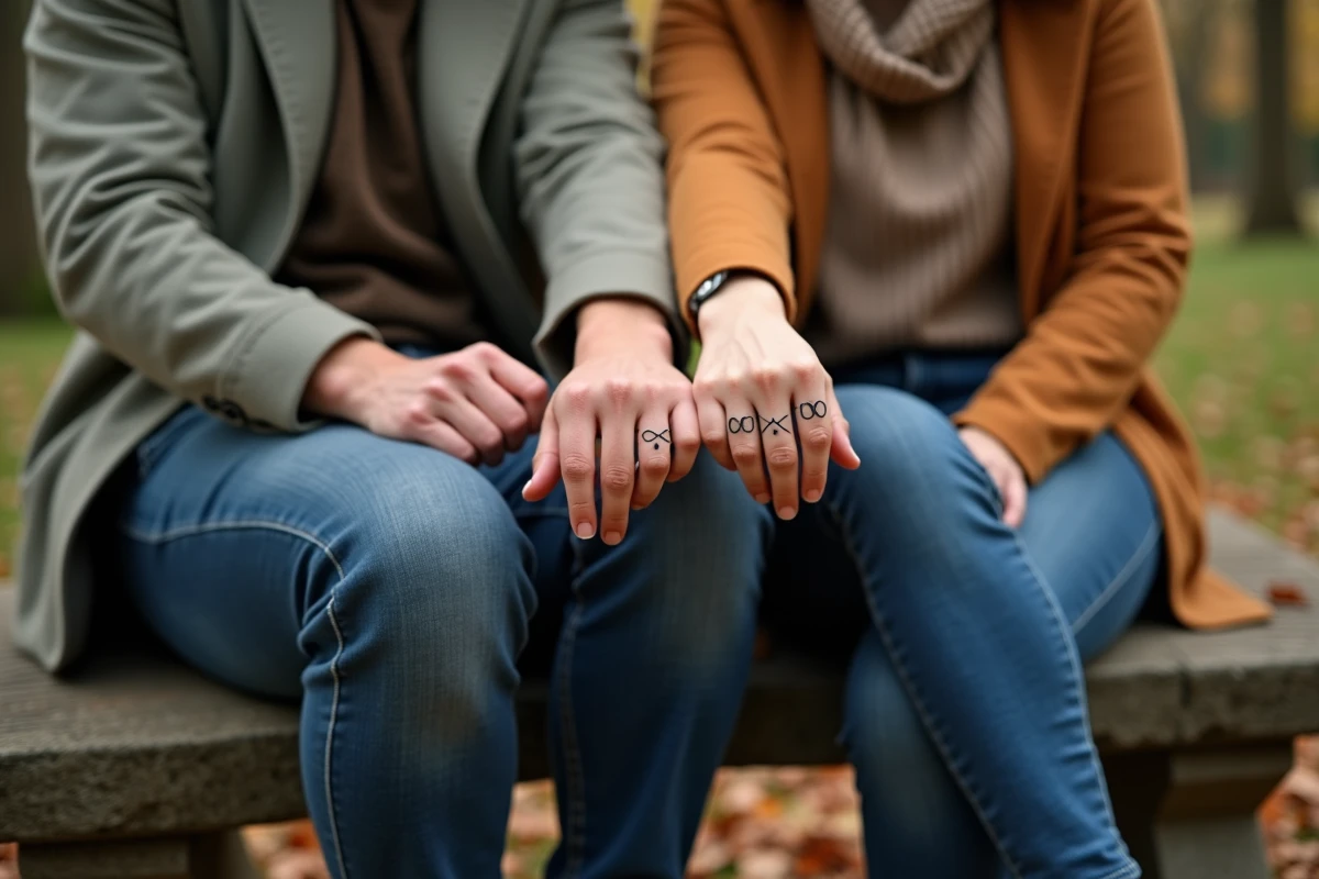 Couple assis côte à côte dans un parc en automne alignant leurs tatouages infini assortis sur l'annulaire en symbole d'union