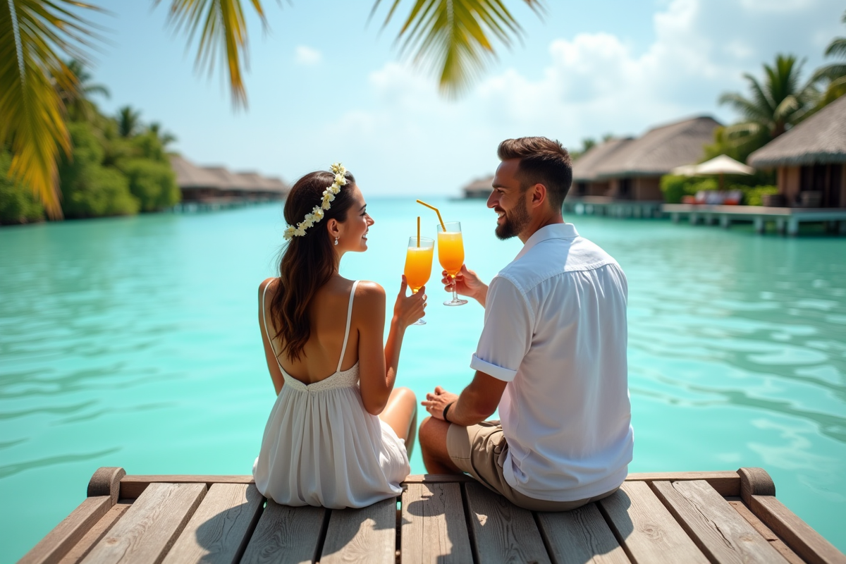Jeune couple trinquant sur un ponton au bord d