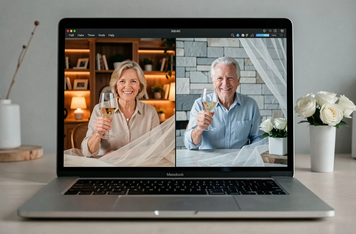 Couple célébrant 36 ans de mariage noce de mousseline à distance en trinquant lors d'un appel vidéo