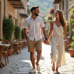 Jeune couple souriant marchant dans un village européen