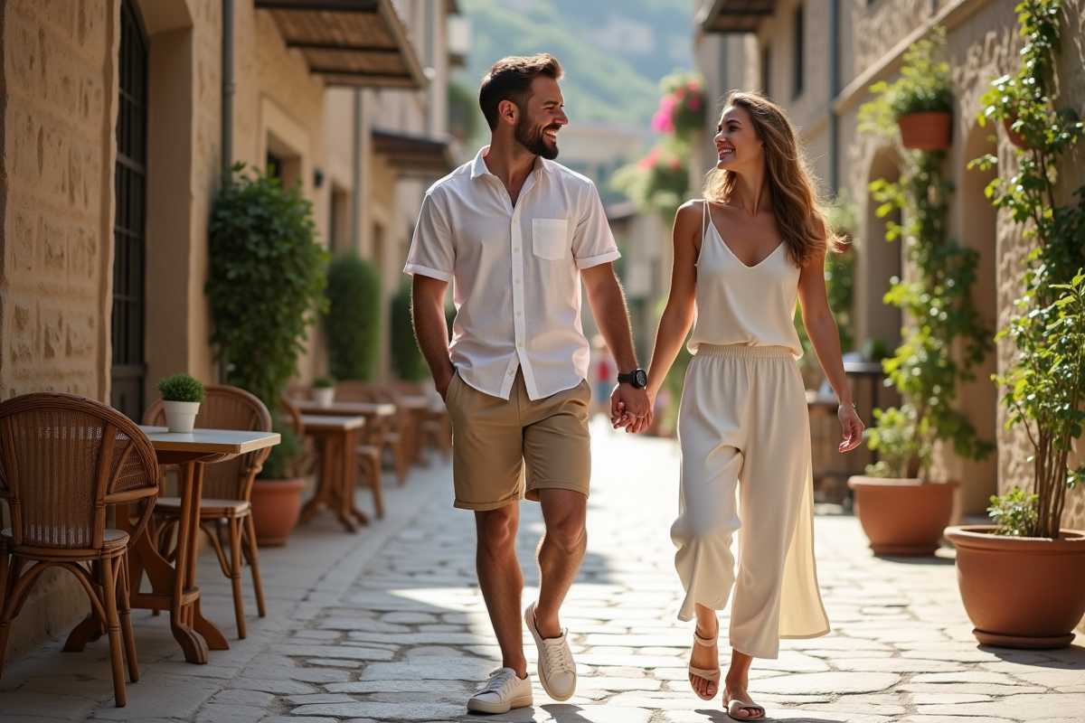 Jeune couple souriant marchant dans un village européen