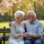 Couple âgé tenant main dans un parc en fleurs