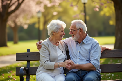 Couple âgé tenant main dans un parc en fleurs