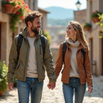 Jeune couple souriant dans un village européen pittoresque