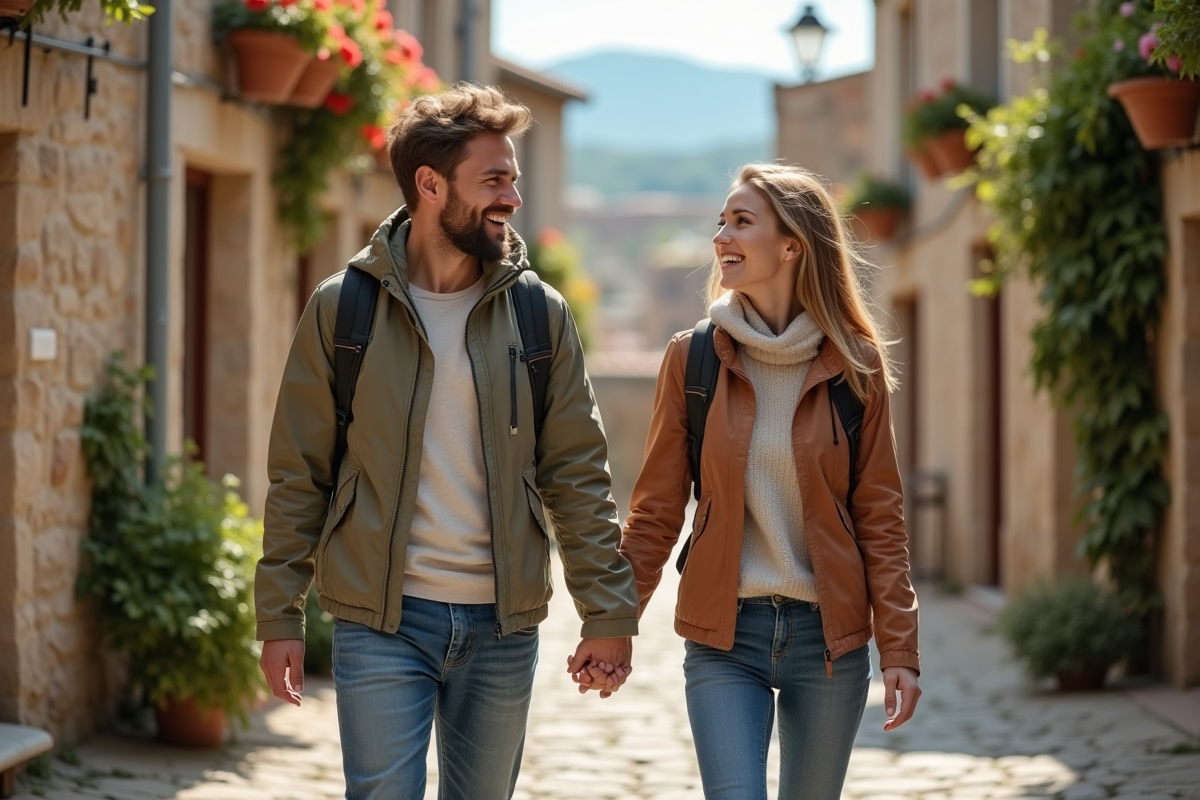 Jeune couple souriant dans un village européen pittoresque