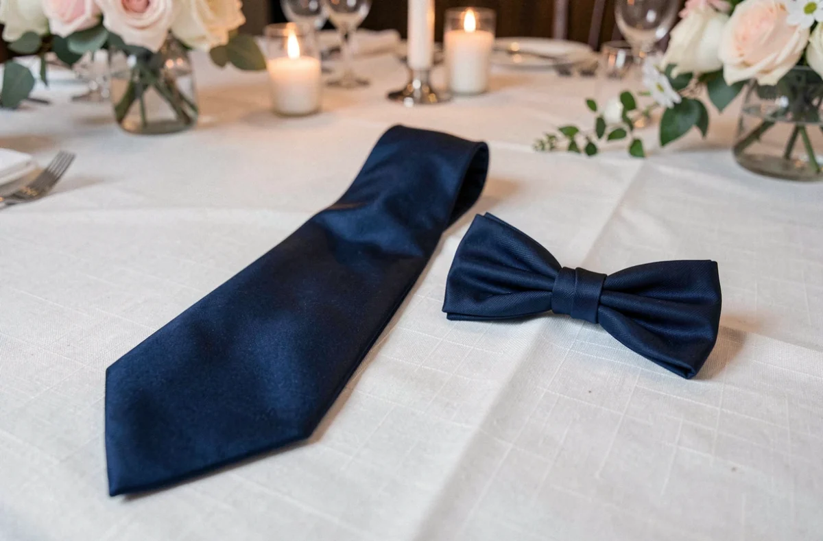 Cravate et noeud papillon en soie bleue posés sur une nappe de table de mariage