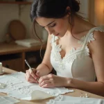 Jeune femme customisant une robe de mariée simple en y cousant de la dentelle fine à la main dans un atelier couture cosy