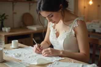 Jeune femme customisant une robe de mariée simple en y cousant de la dentelle fine à la main dans un atelier couture cosy