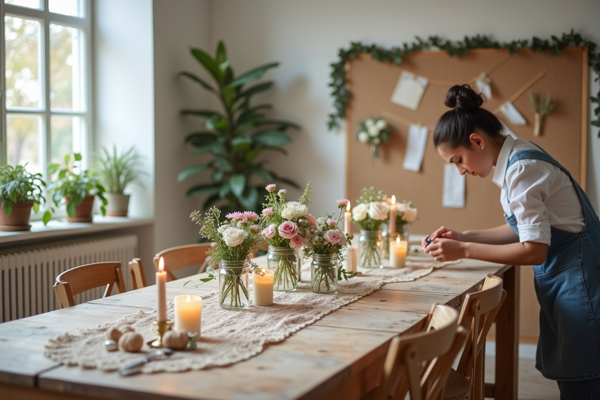 Décorations de mariage en cours sur une table en bois rustique