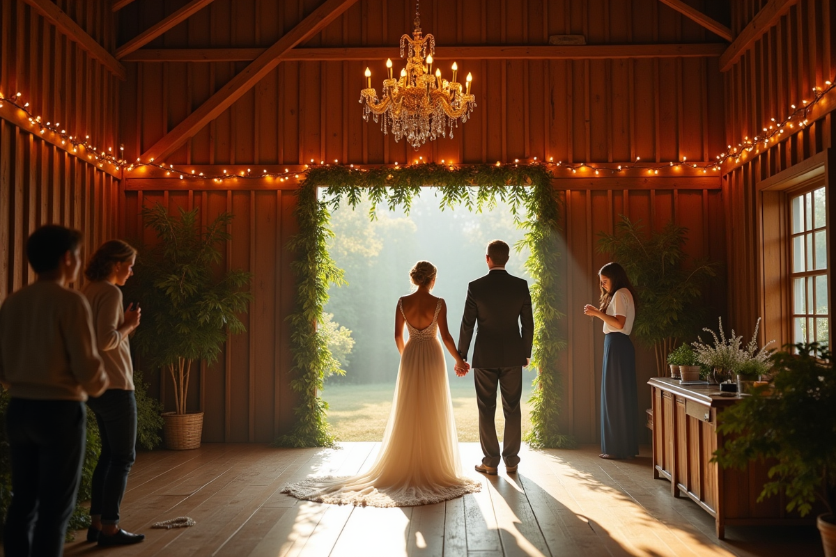Jeune couple décorant un lieu de mariage rustique avec guirlandes lumineuses