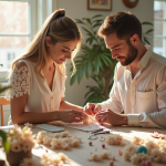 Couple créant des décorations de mariage dans une cuisine lumineuse